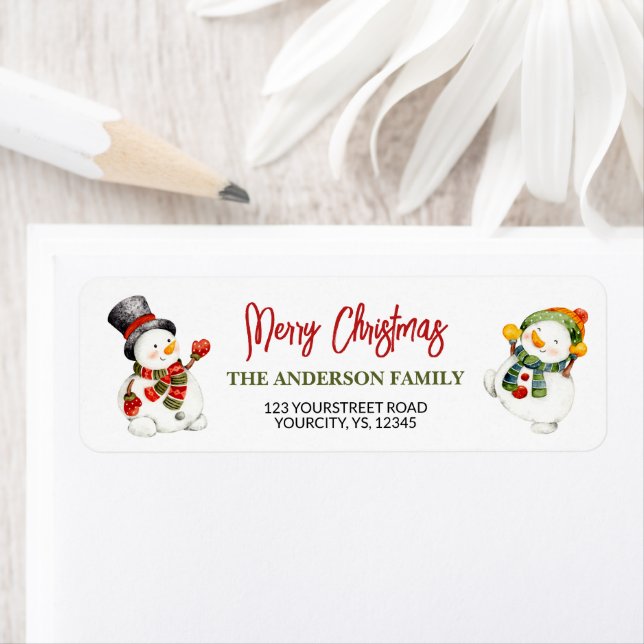 Cute snowman Merry Christmas red green Label (Insitu)