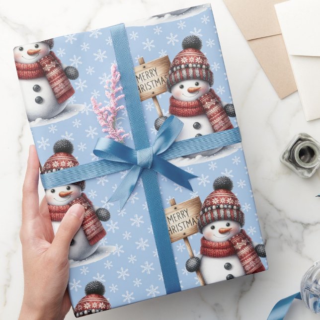 Cute Snowman Merry Christmas Snowflakes Roll of Wrapping Paper (Creator Uploaded)