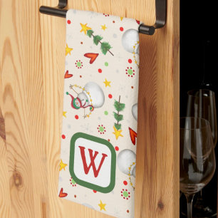 Cute Snowman Monogram Initial Christmas  Kitchen Towel