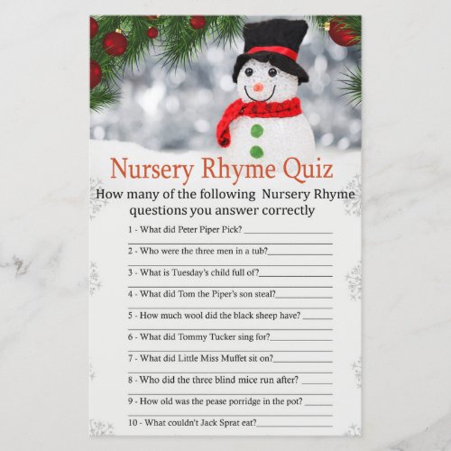 Cute snowman Nursery Rhyme Quiz baby shower game