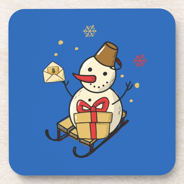 Cute Snowman On A Sled Beverage Coaster (Front)