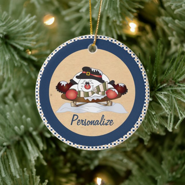 Cute Snowman  on a Sled Blue Ornament (Tree)