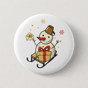 Cute Snowman On A Sled Button
