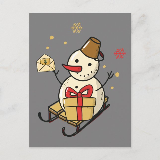 Cute Snowman On A Sled Postcard (Front)