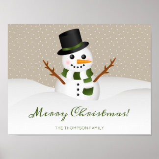 Cute Snowman On Beige And Custom Name Christmas Poster