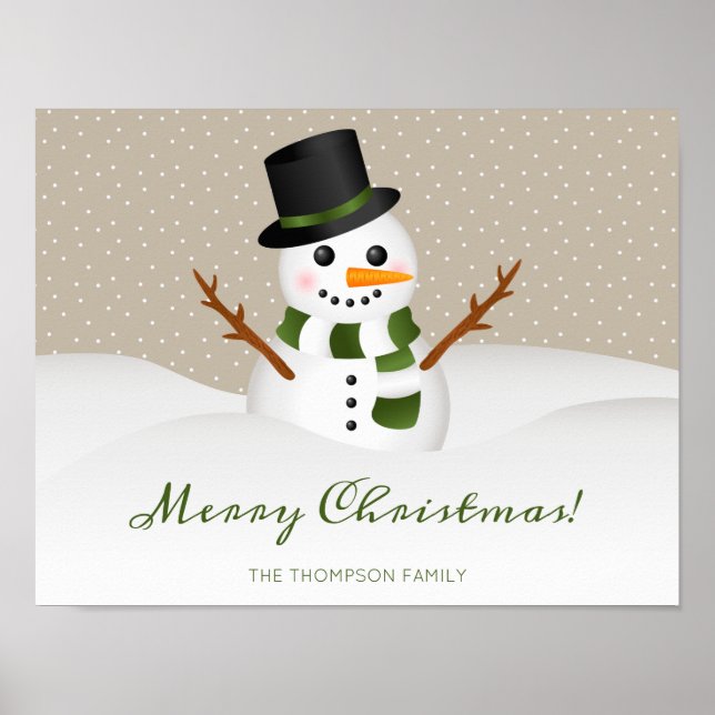 Cute Snowman On Beige And Custom Name Christmas Poster (Front)