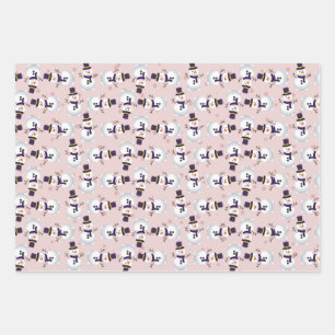 Cute Snowman on Bink, Blue and Green Background Wrapping Paper Sheets