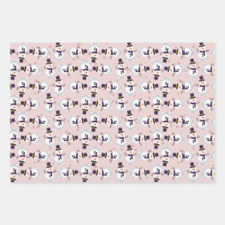 Cute Snowman on Bink, Blue and Green Background Wrapping Paper Sheets