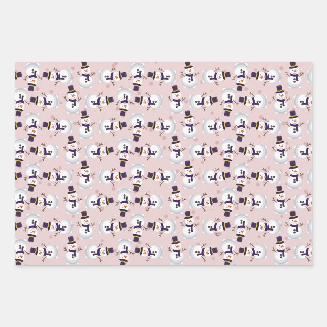 Cute Snowman on Bink, Blue and Green Background Wrapping Paper Sheets (Front)