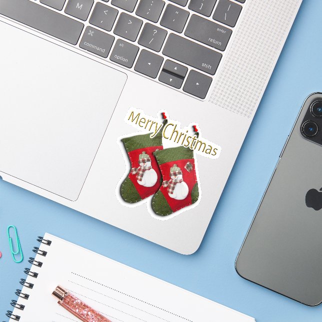 Cute Snowman on Christmas Stocking Custom-Cut Sticker (Laptop w/ iPhone)
