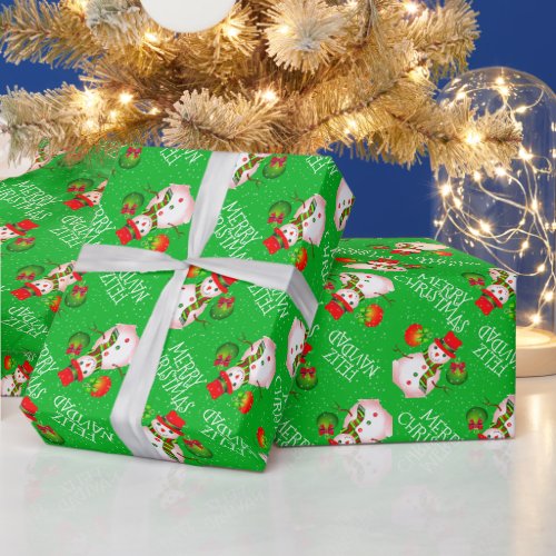 Cute Snowman on GREEN or Your Color Wrapping Paper