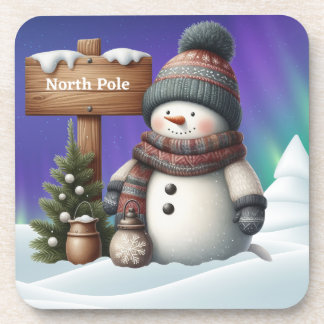 Cute snowman on North Pole with northern lights Beverage Coaster