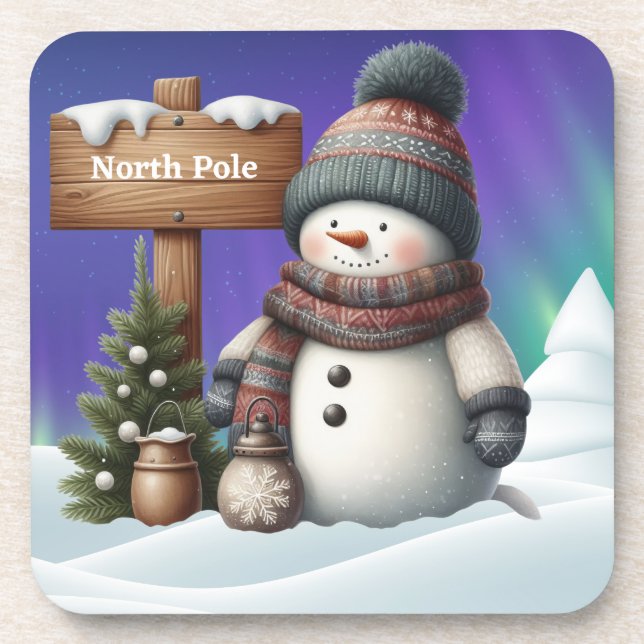 Cute snowman on North Pole with northern lights Beverage Coaster (Front)