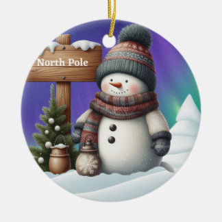 Cute snowman on North Pole with northern lights Ceramic Ornament