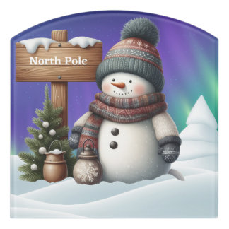 Cute snowman on North Pole with northern lights Door Sign