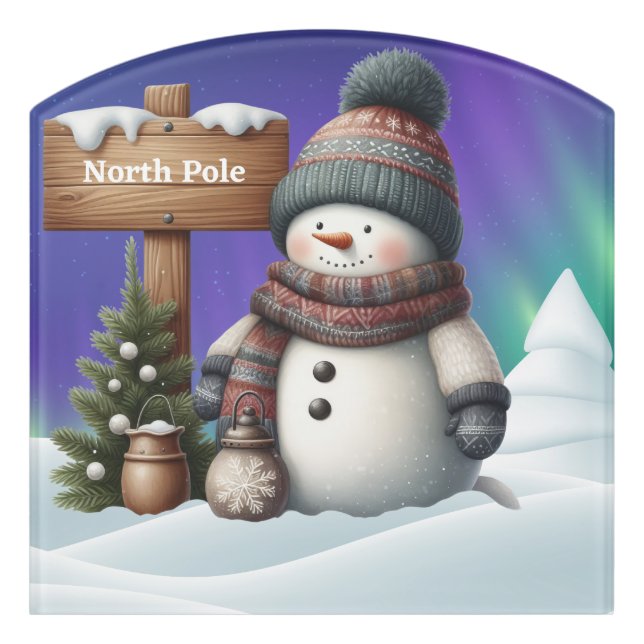Cute snowman on North Pole with northern lights Door Sign (Contour Front)