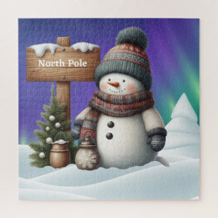 Cute snowman on North Pole with northern lights Jigsaw Puzzle