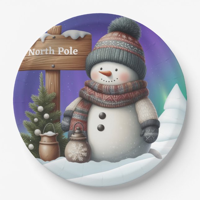 Cute snowman on North Pole with northern lights Paper Plates (Front)