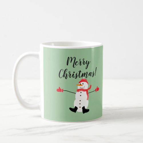 Cute Snowman on Sage Green Merry Christmas Coffee Mug