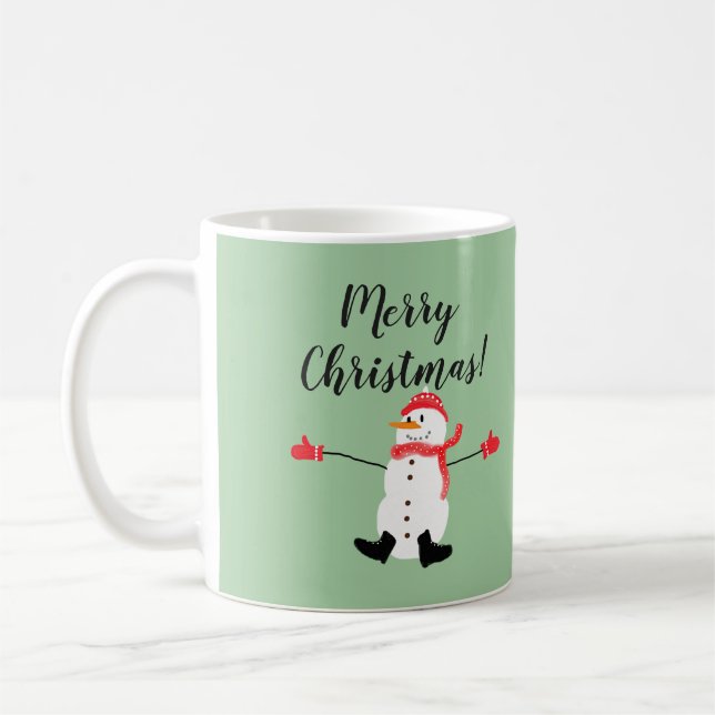 Cute Snowman on Sage Green Merry Christmas Coffee Mug (Left)