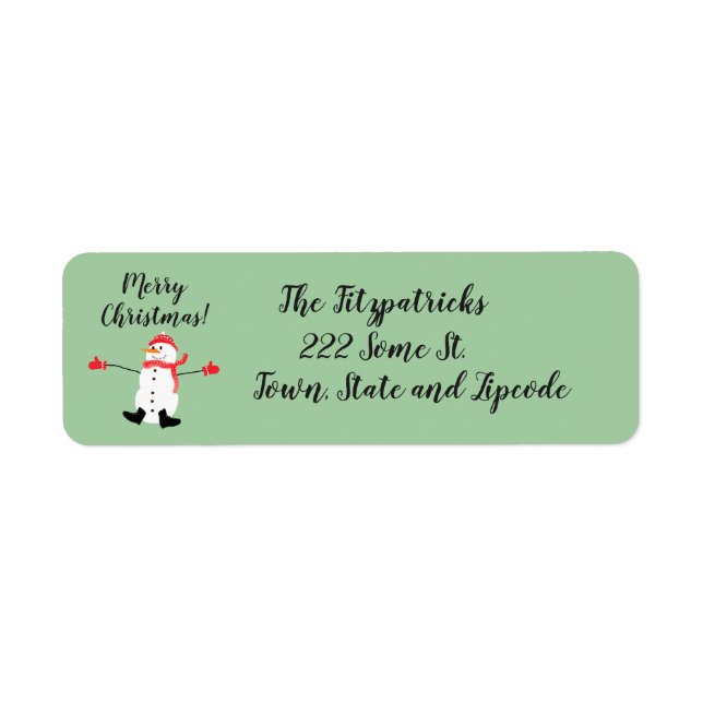 Cute Snowman on Sage Green Merry Christmas Label (Front)