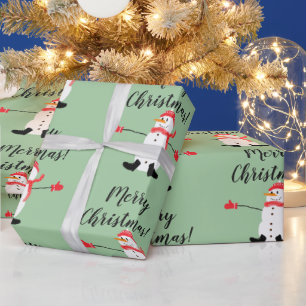Cute Snowman on Sage Green Merry Christmas Wrapping Paper