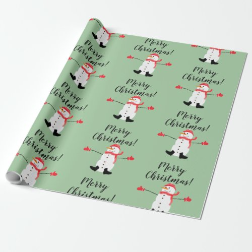 Cute Snowman on Sage Green Merry Christmas Wrapping Paper