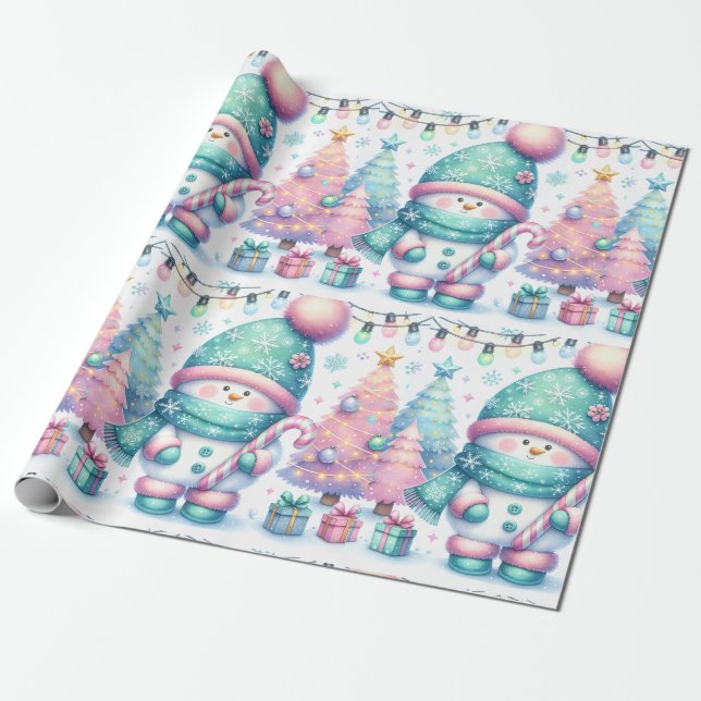 Cute Snowman Pastel Christmas Large Scale Wrapping Paper (Unrolled)