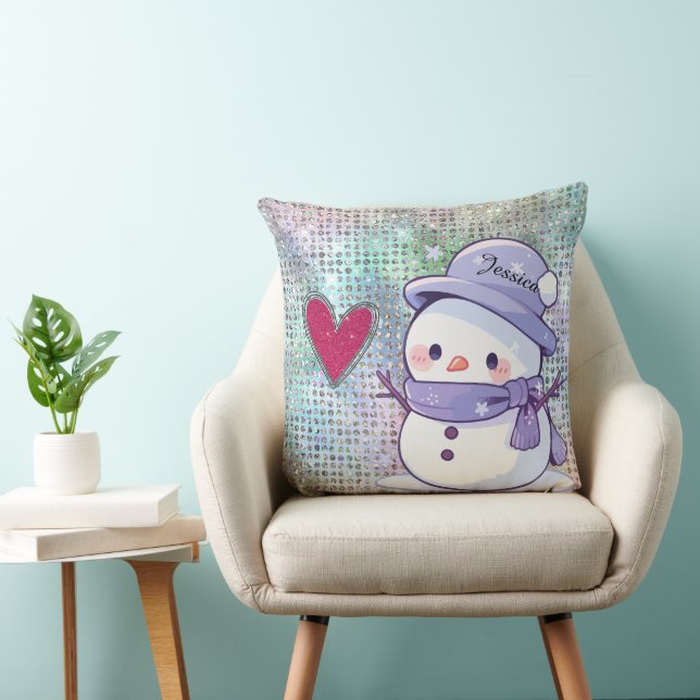 Cute Snowman Pastel Pattern Heart  Throw Pillow (Chair)