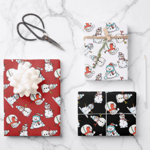 Cute Snowman Pattern - Black, White And Red Wrapping Paper Sheets