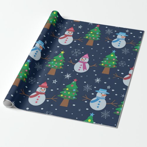Cute Snowman pattern with Christmas trees    Wrapping Paper