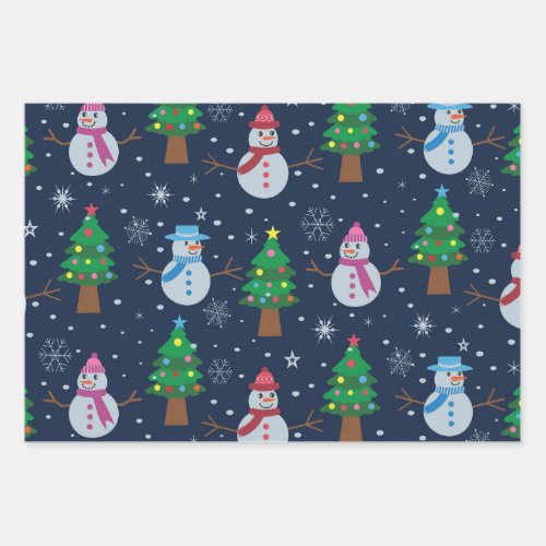 Cute Snowman pattern with Christmas trees  Wrapping Paper Sheets
