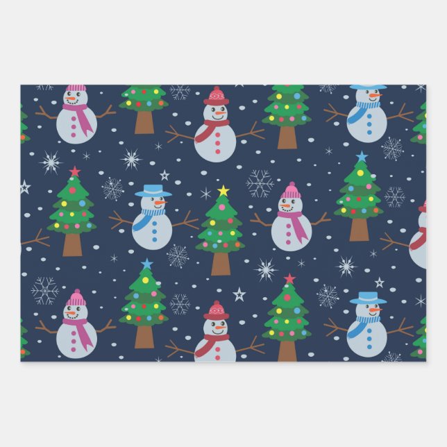 Cute Snowman pattern with Christmas trees  Wrapping Paper Sheets (Front)