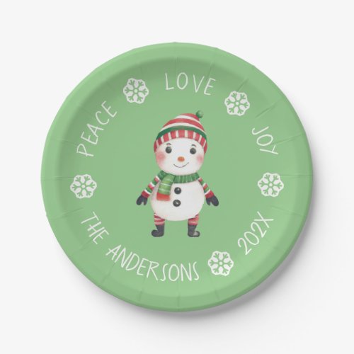 Cute Snowman Peace Love Joy Christmas Dinner Green Paper Plates