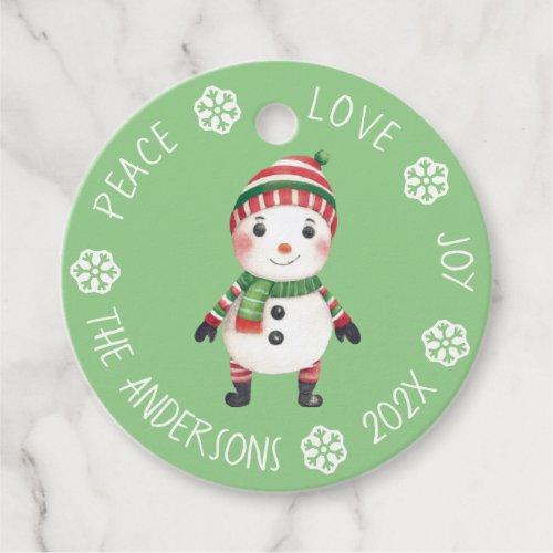 Cute Snowman Peace Love Joy Green White Snowflakes Favor Tags