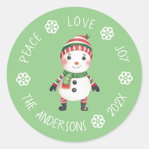 Cute Snowman Peace Love Joy Snowflake Christmas Classic Round Sticker