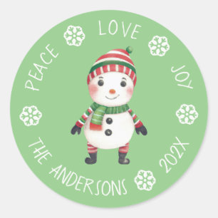 Cute Snowman Peace Love Joy Snowflake Christmas Classic Round Sticker