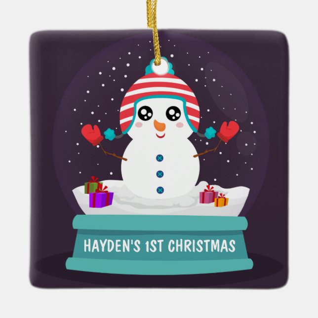 Cute Snowman Personalised Baby's First Christmas Ceramic Ornament (Front)