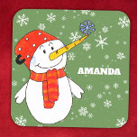 Cute Snowman Personalizable Kids Christmas Square Sticker<br><div class="desc">Snowman Christmas holiday gift sticker for children. Christmas present sticker - personalize the sticker with child`s name. The sticker has a cute snowman with a snowflake on his nose. The background is holiday green with beautiful white snowflakes in different sizes and shapes. Make your Christmas gifts for kids special with...</div>