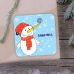 Cute Snowman Personalizable Kids Christmas Square Sticker<br><div class="desc">Snowman Christmas holiday gift sticker for children. Christmas present sticker - personalize the sticker with child`s name. The sticker has a cute snowman with a snowflake on his nose. The background is blue with beautiful white snowflakes in different sizes and shapes. Make your Christmas gifts for kids special with this...</div>