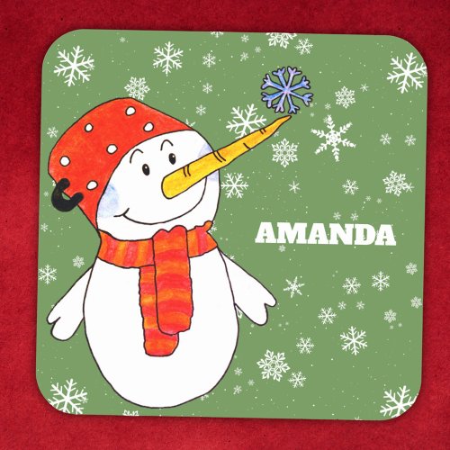 Cute Snowman Personalizable Kids Christmas Square Sticker