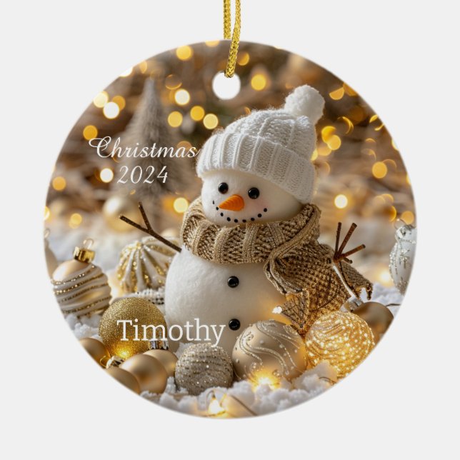 Cute Snowman Personalized Christmas Ornament (Front)