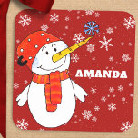 Cute Snowman Personalized Kids Christmas  Square Sticker<br><div class="desc">Cute Snowman Personalized Kids Christmas Square Sticker. Snowman Christmas holiday gift sticker for children. Christmas present sticker - personalize the sticker with child`s name. The sticker has a cute snowman with a snowflake on his nose. The background is holiday red with beautiful white snowflakes in different sizes and shapes. Make...</div>