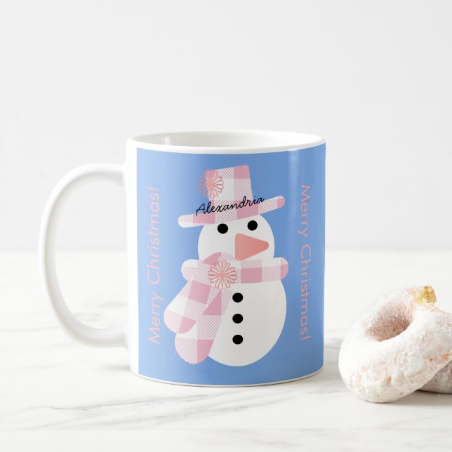Cute Snowman Personalized Merry Christmas Coffee Mug (With Donut)