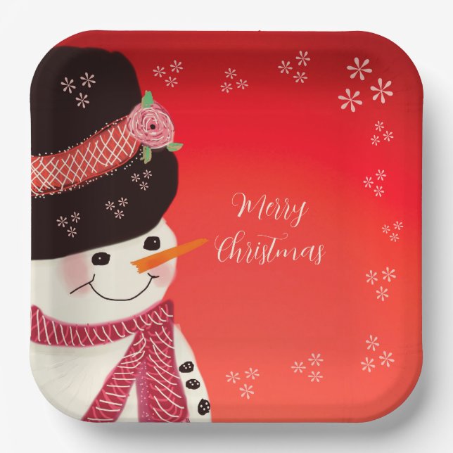 Cute Snowman Personalized Square Paper Plates (Front)