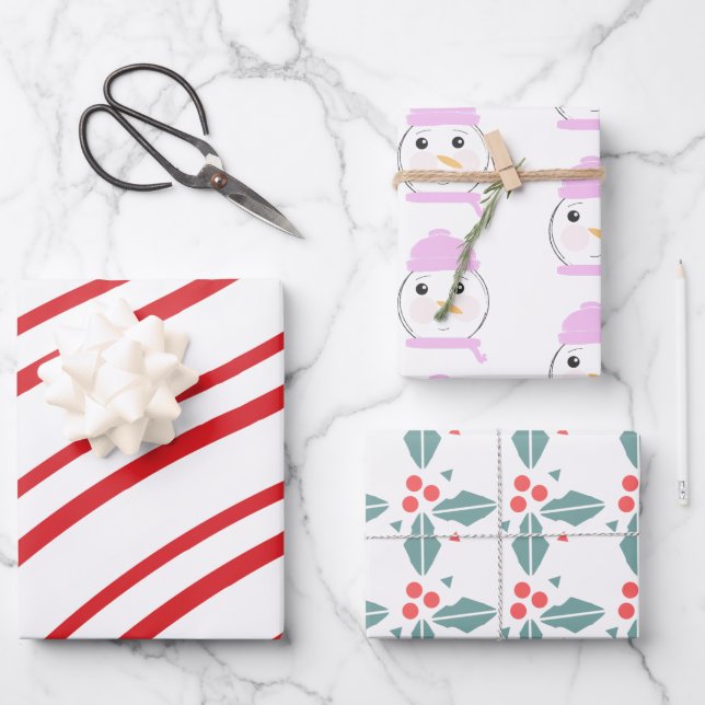 Cute Snowman Pink Christmas Mix Wrapping Paper Sheets (Front)
