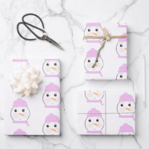 Cute Snowman Pink Christmas Party Wrapping Paper Sheets