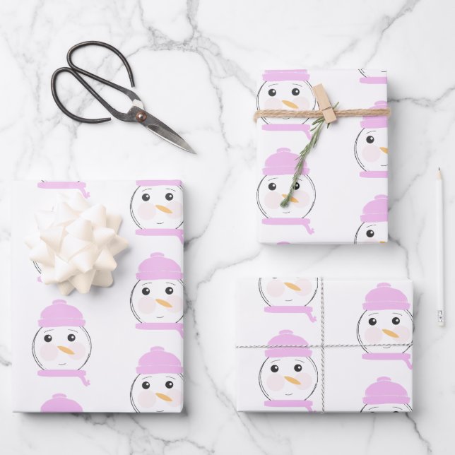 Cute Snowman Pink Christmas Party Wrapping Paper Sheets (Front)