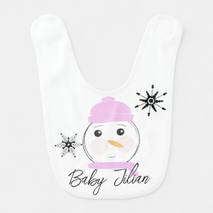 Cute Snowman Pink First Christmas Baby Bib