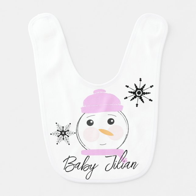 Cute Snowman Pink First Christmas  Baby Bib (Front)